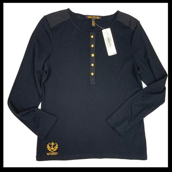 New LRL Ralph Lauren Black Cotton Long SleeveTop Embroidered Anchor Sz L - Picture 1 of 16